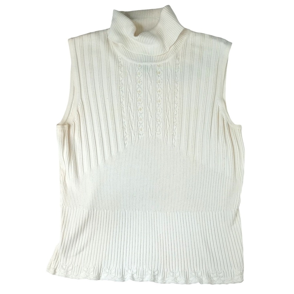 Vintage RQT Cream Ribbed Sleeveless Turtleneck Sweater Top Size L Beaded Accents